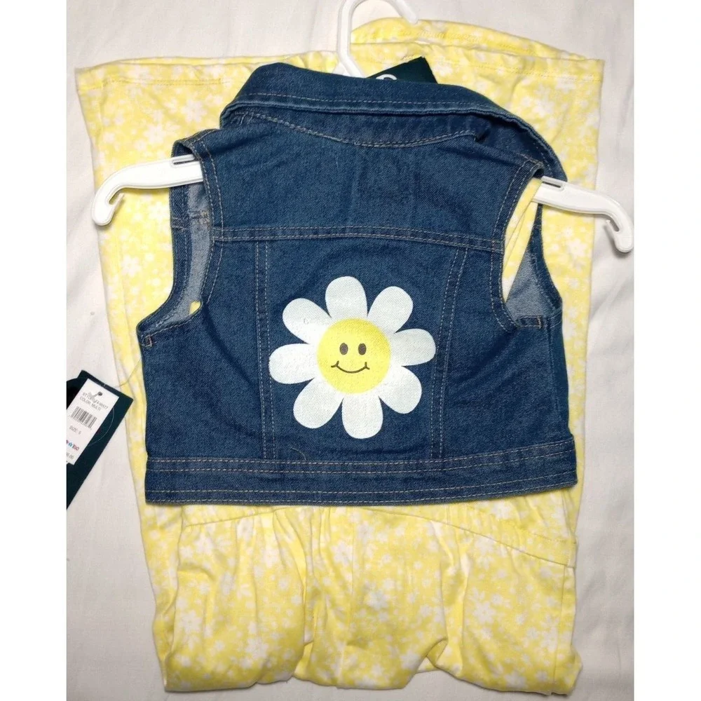 Limited Too Girls Sz 5 Yellow Jumpsuit Jean Vest Jacket Flower Daisy Outfit Hair
